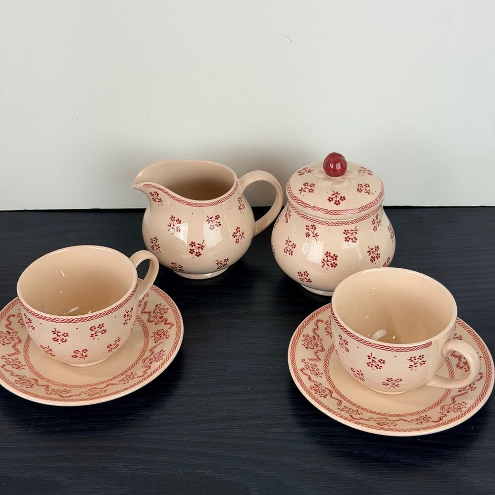 Johnson Brothers England Petite Fleur Pink  Sugar Creamer Flat Cup Saucer Set